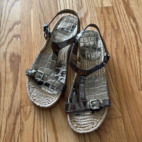 Stuart Weiztman sz 8 gold espadrilles with heel alligator print straps good cond - Picture 1 of 9